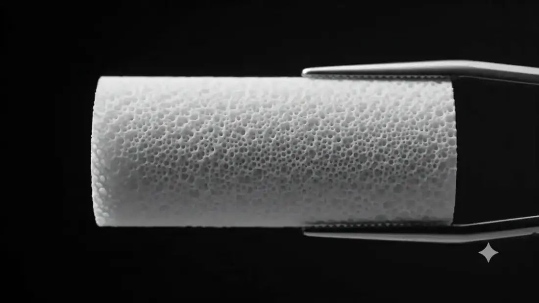 Ultra-macro view of a horizontal FlexiOss cylinder showing biphasic interconnected porous channels